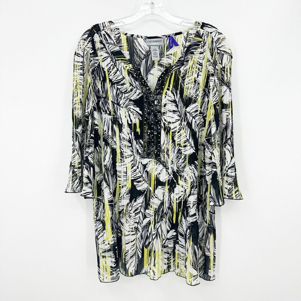 Catherines Womens Blouse 2XWP Feather Print Bell Sleeve Embellished‎ Whimsical